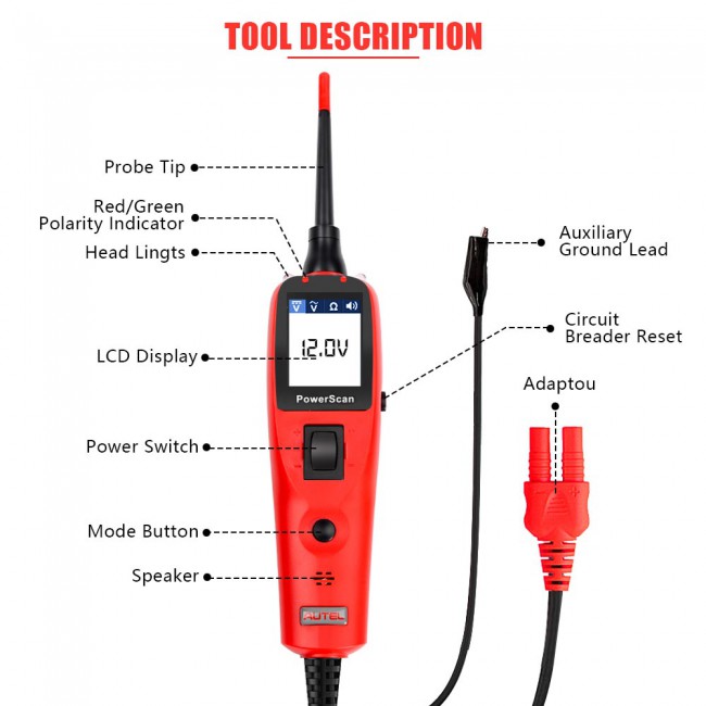 [US Ship]Autel PowerScan PS100 Electrical System Diagnosis Tool PowerScan PS100 Auto Circuit Battery Tester Easy to Read AVOmeter