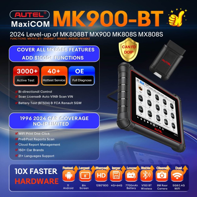 95% New Second Hand Autel MaxiCOM MK900-BT Bidirectional Diagnostic Scanner Update of MX900 MK808BT MK808S CAN-FD&DOIP